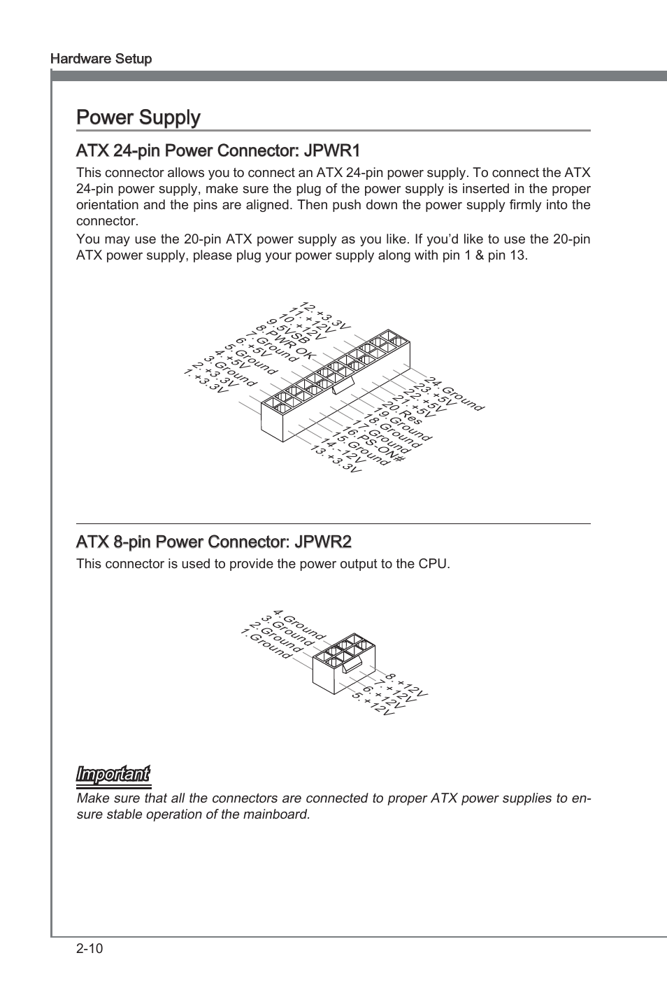 Power supply, Power supply -10, Chapter 2 | MSI P67A-GD65 (B3) Manual User  Manual | Page 26 / 110 | Original mode