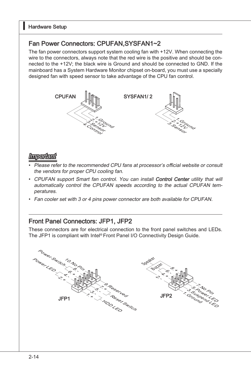 Fan power connectors: cpufan,sysfan1~2, Important, Front panel connectors:  jfp1, jfp2 | MSI H55M-E33 User Manual | Page 30 / 90 | Original mode