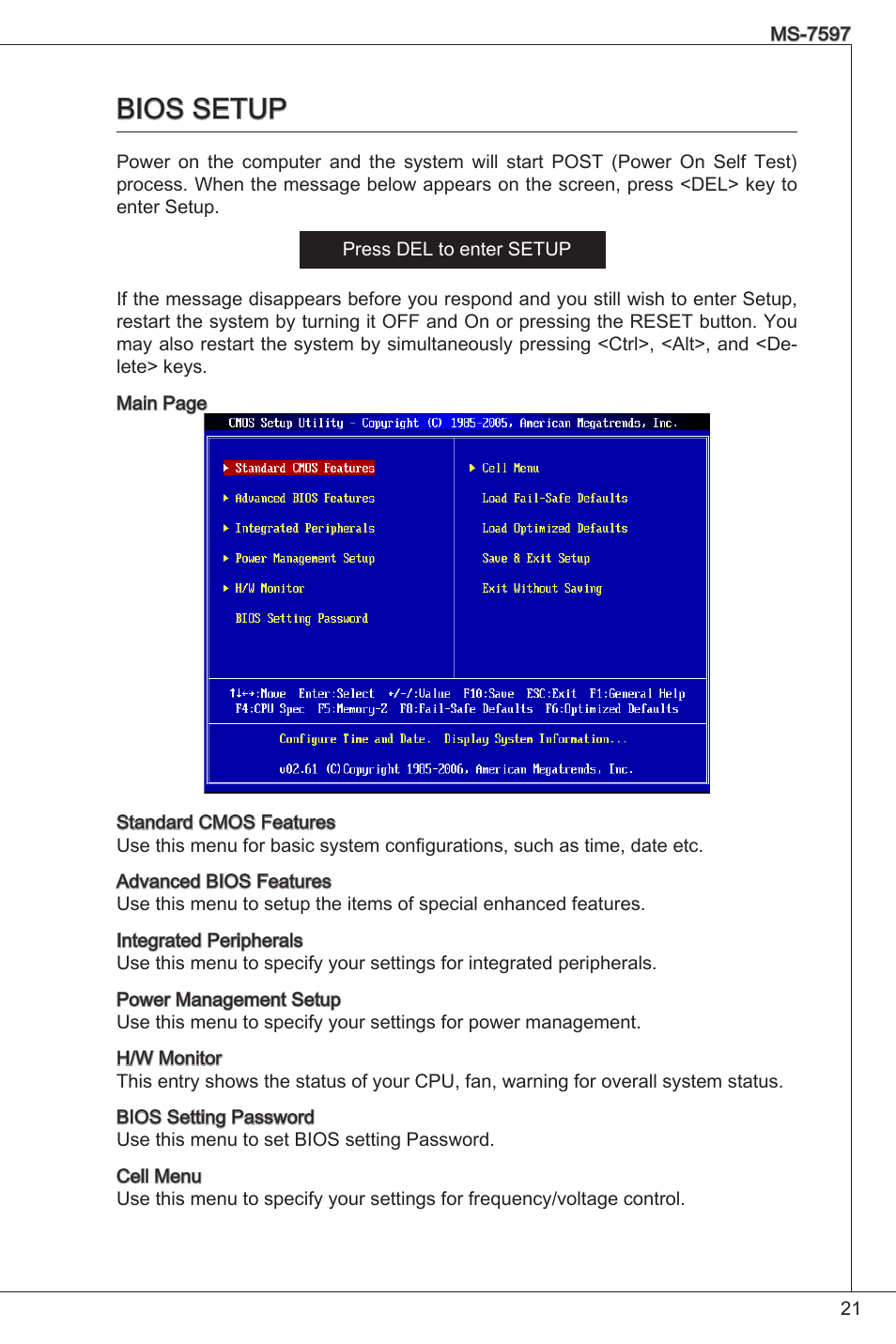 Bios setup | MSI GF615M-P31 User Manual | Page 21 / 153