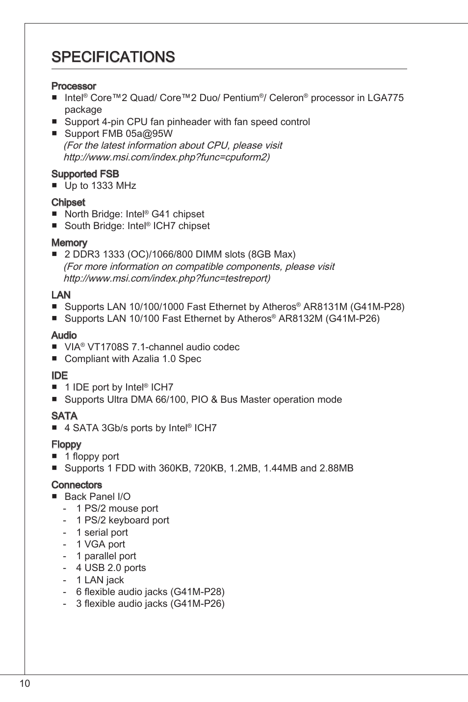 Specifications | MSI G41M-P26 User Manual | Page 10 / 155