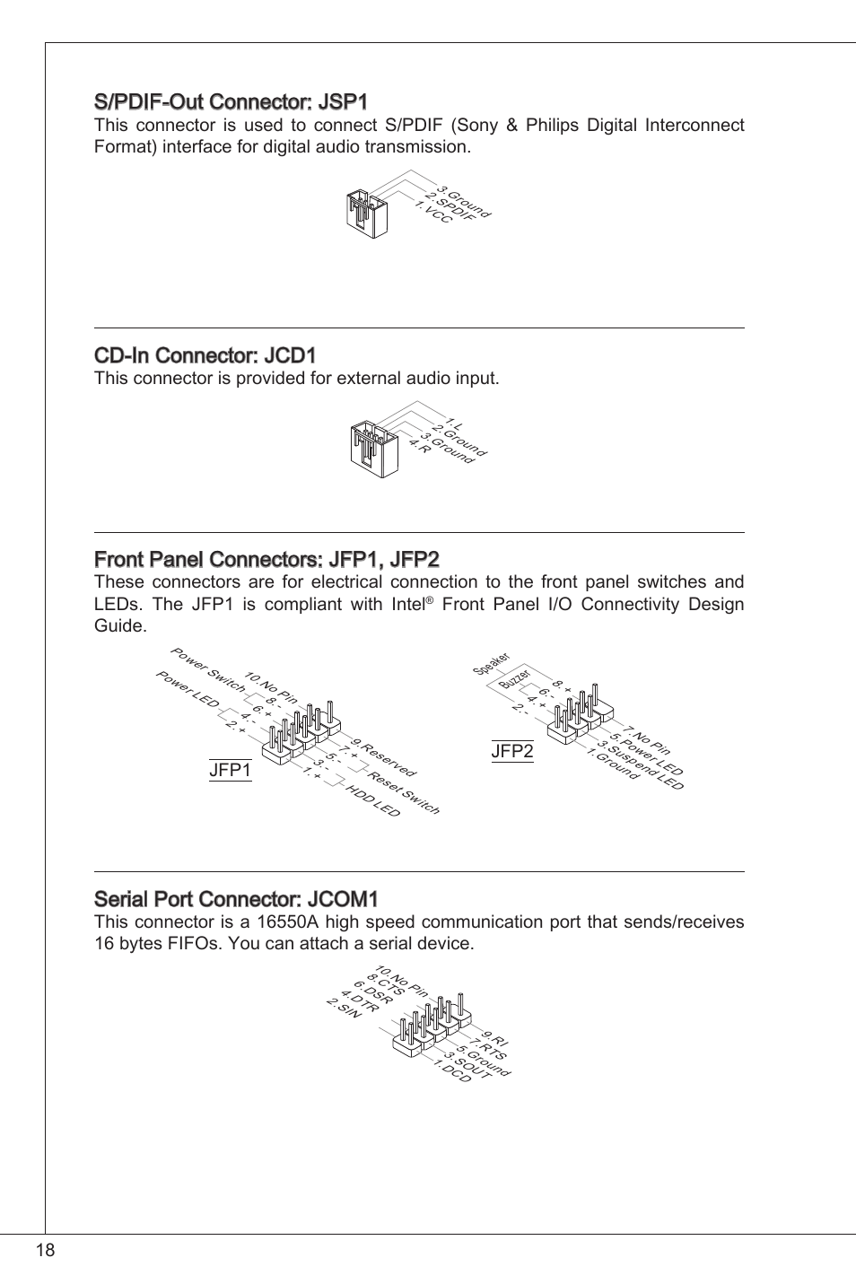 S/pdif-out connector: jsp, Cd-in connector: jcd, Front panel connectors:  jfp , jfp2 | MSI G41M-P26 User Manual | Page 18 / 155
