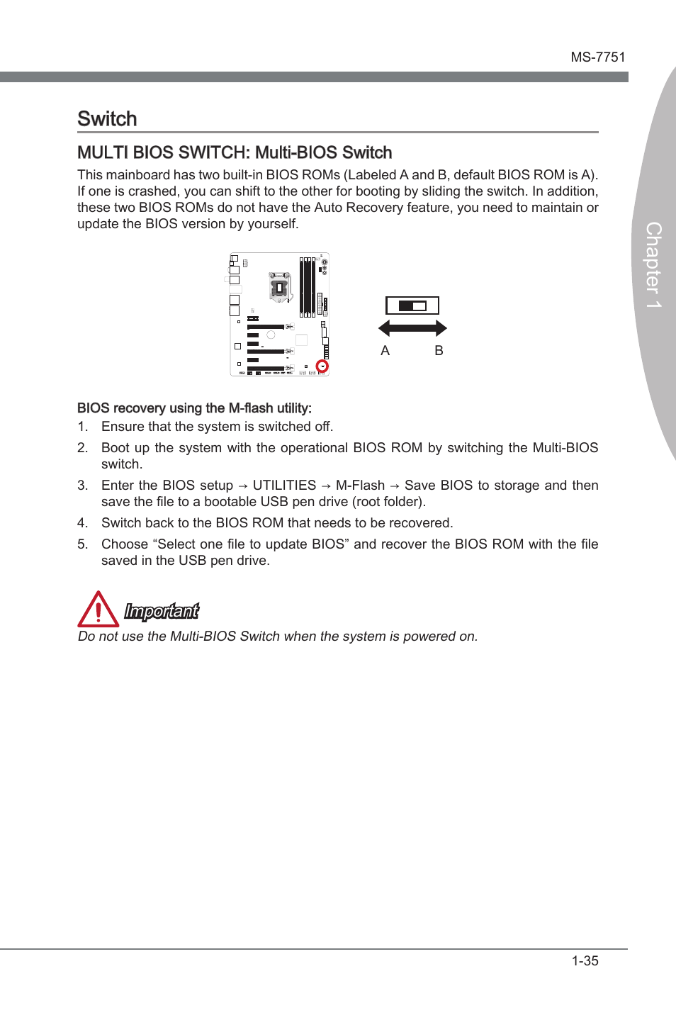 Sw tch -35, Multi bios switch, Mult -bios sw tch | MSI Z77 MPOWER User  Manual | Page 47 / 100 | Original mode