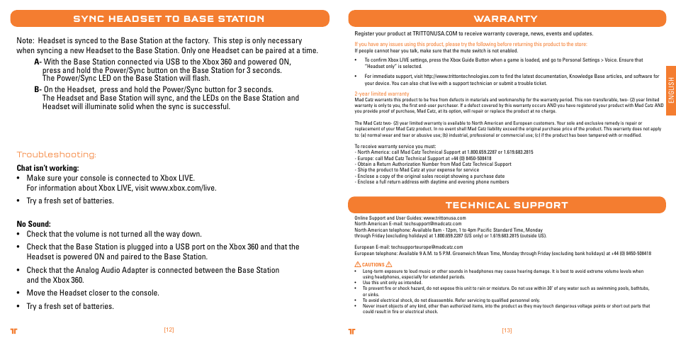 Sync headset to base station, Warranty, Technical support | TRITTON Primer  Wireless Stereo Headset User Manual | Page 7 / 43 | Original mode