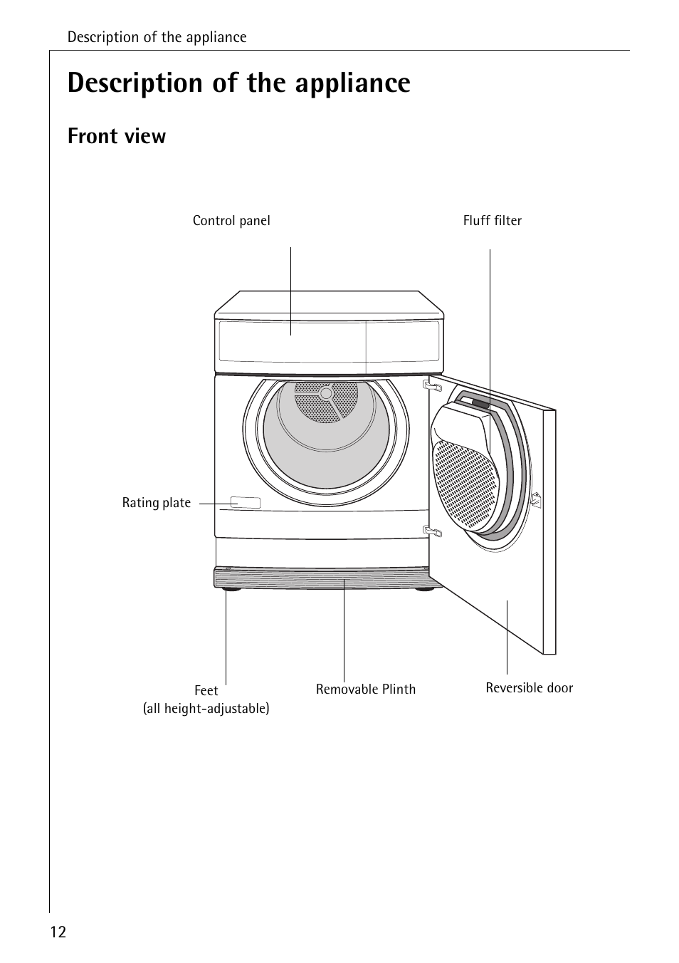 Description of the appliance, Front view | AEG LAVATHERM T300 User Manual |  Page 12 / 32