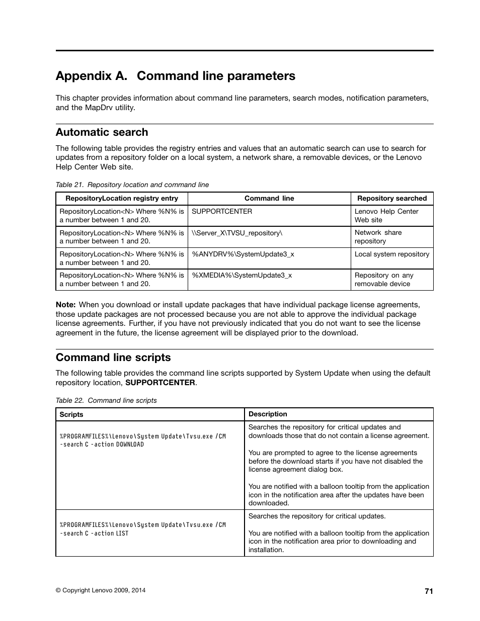 Appendix a. command line parameters, Automatic search, Command line scripts  | Lenovo System Update Solution User Manual | Page 77 / 94