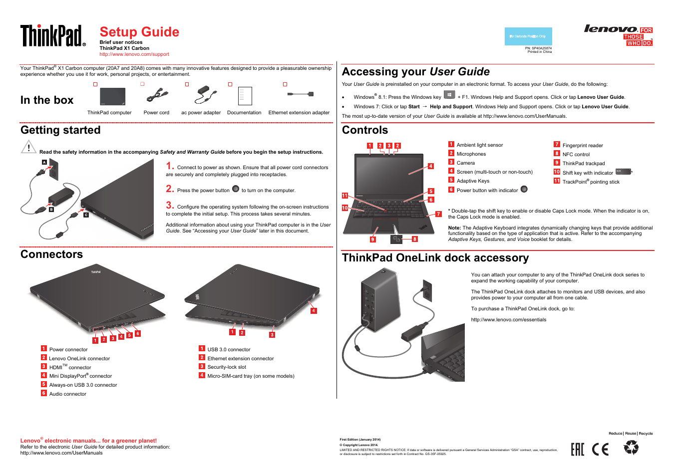 Lenovo ThinkPad X1 Carbon Type 20A7 20A8 User Manual | 2 pages