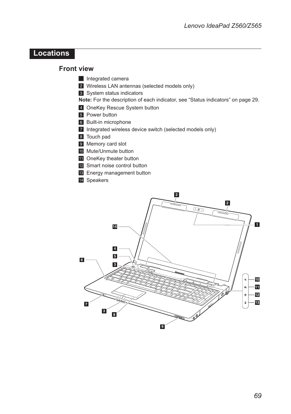 Locations, Front view | Lenovo IdeaPad Z560 User Manual | Page 73 / 90 |  Original mode