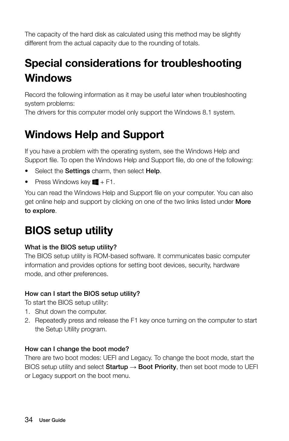 Special considerations for troubleshooting windows, Windows help and  support, Bios setup utility | Lenovo A740 All In One User Manual | Page 39  / 47
