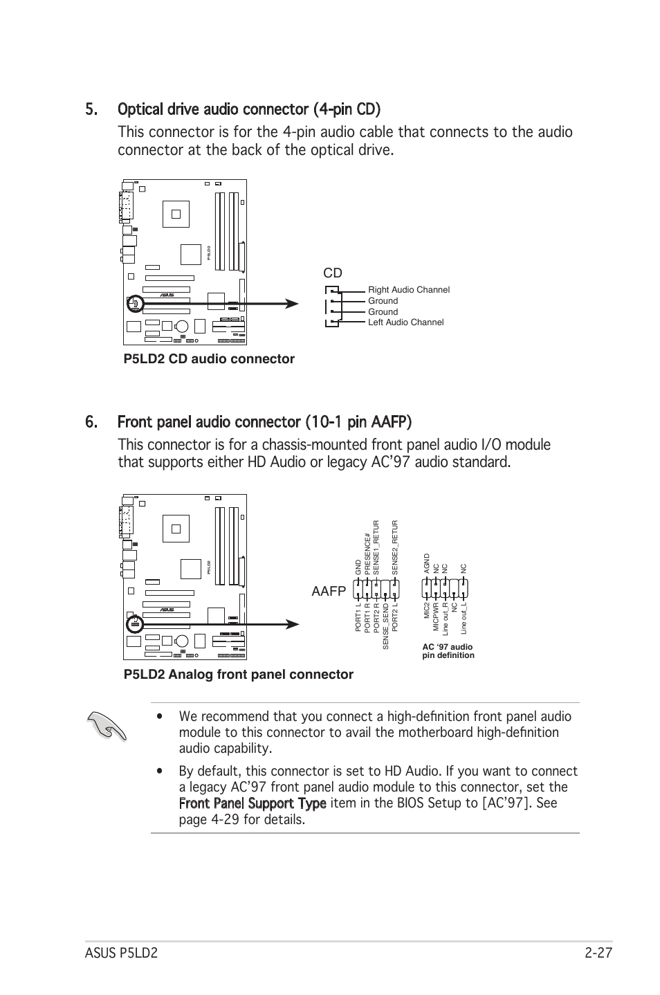 P5ld2 cd audio connector cd, P5ld2 analog front panel connector, Aafp |  Asus Motherboard P5LD2 User Manual | Page 49 / 142