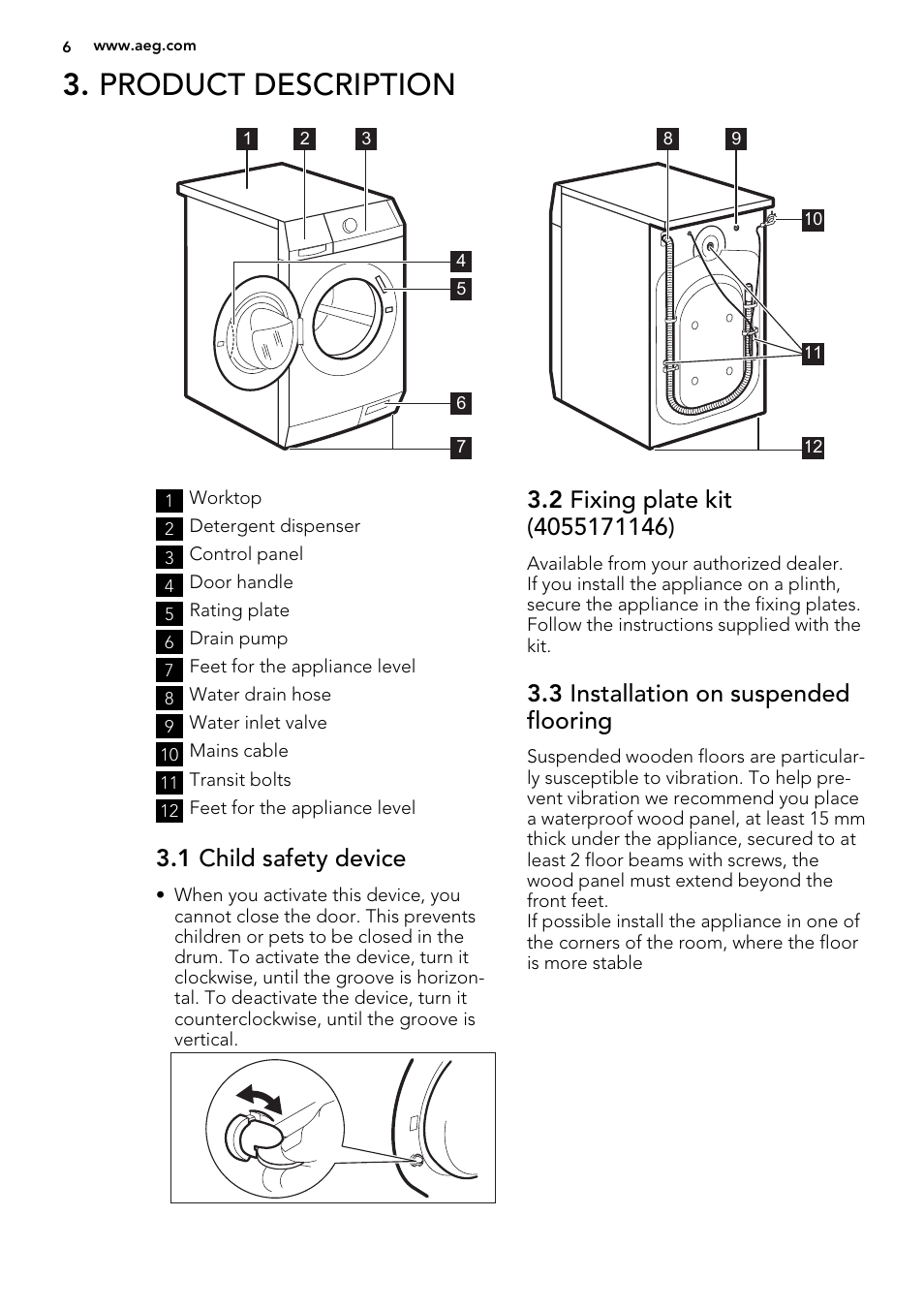 Product description, 1 child safety device, 3 installation on suspended  flooring | AEG L89499FL User Manual | Page 6 / 32