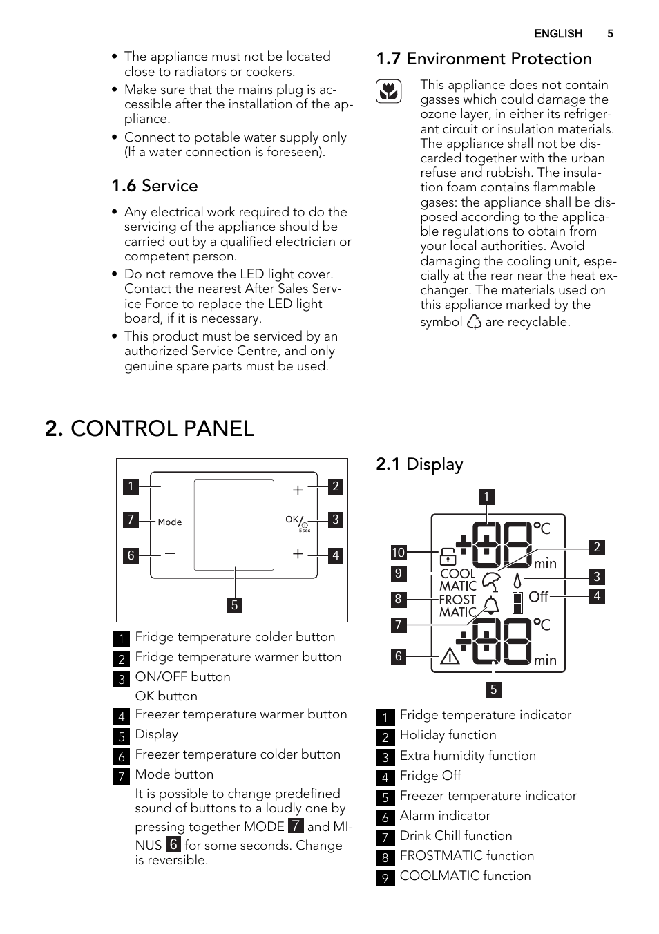 Control panel, 6 service, 7 environment protection | AEG S95500XNM0 User  Manual | Page 5 / 16 | Original mode