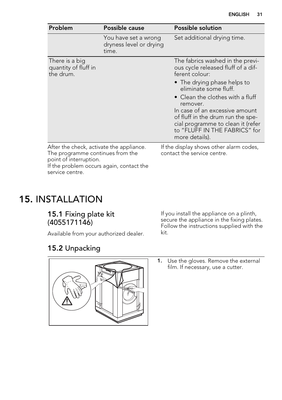 Installation, 2 unpacking | AEG L87695WD User Manual | Page 31 / 40