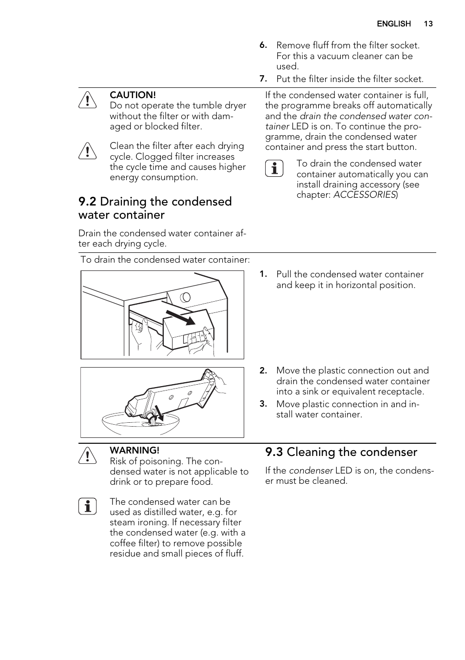 2 draining the condensed water container, 3 cleaning the condenser | AEG  T75280AC User Manual | Page 13 / 40