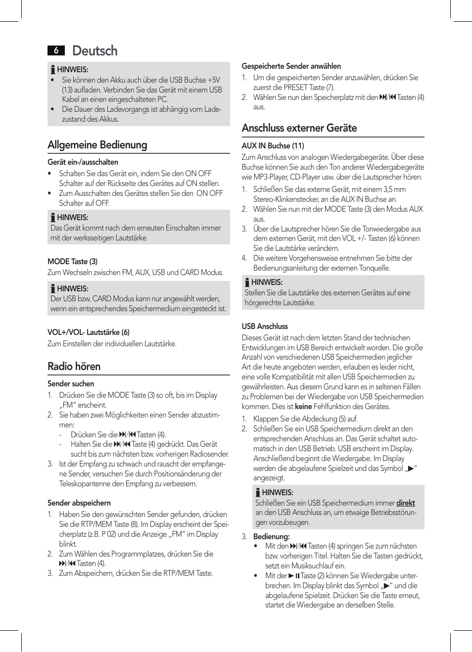 Deutsch, Allgemeine bedienung, Radio hören | AEG MMR 4128 User Manual |  Page 6 / 34