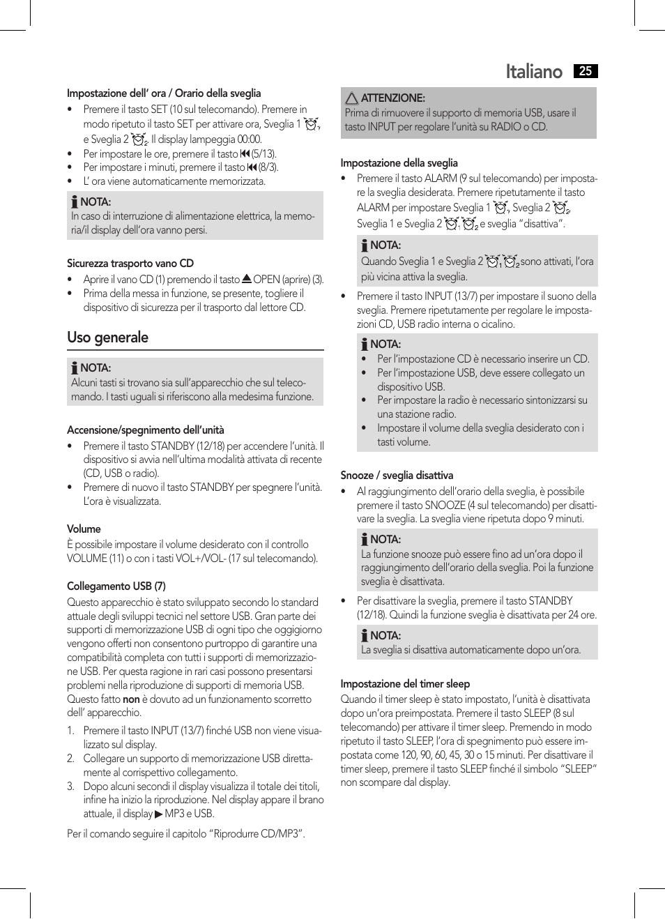 Italiano, Uso generale | AEG MC 4455 CD-MP3 User Manual | Page 25 / 38 |  Original mode