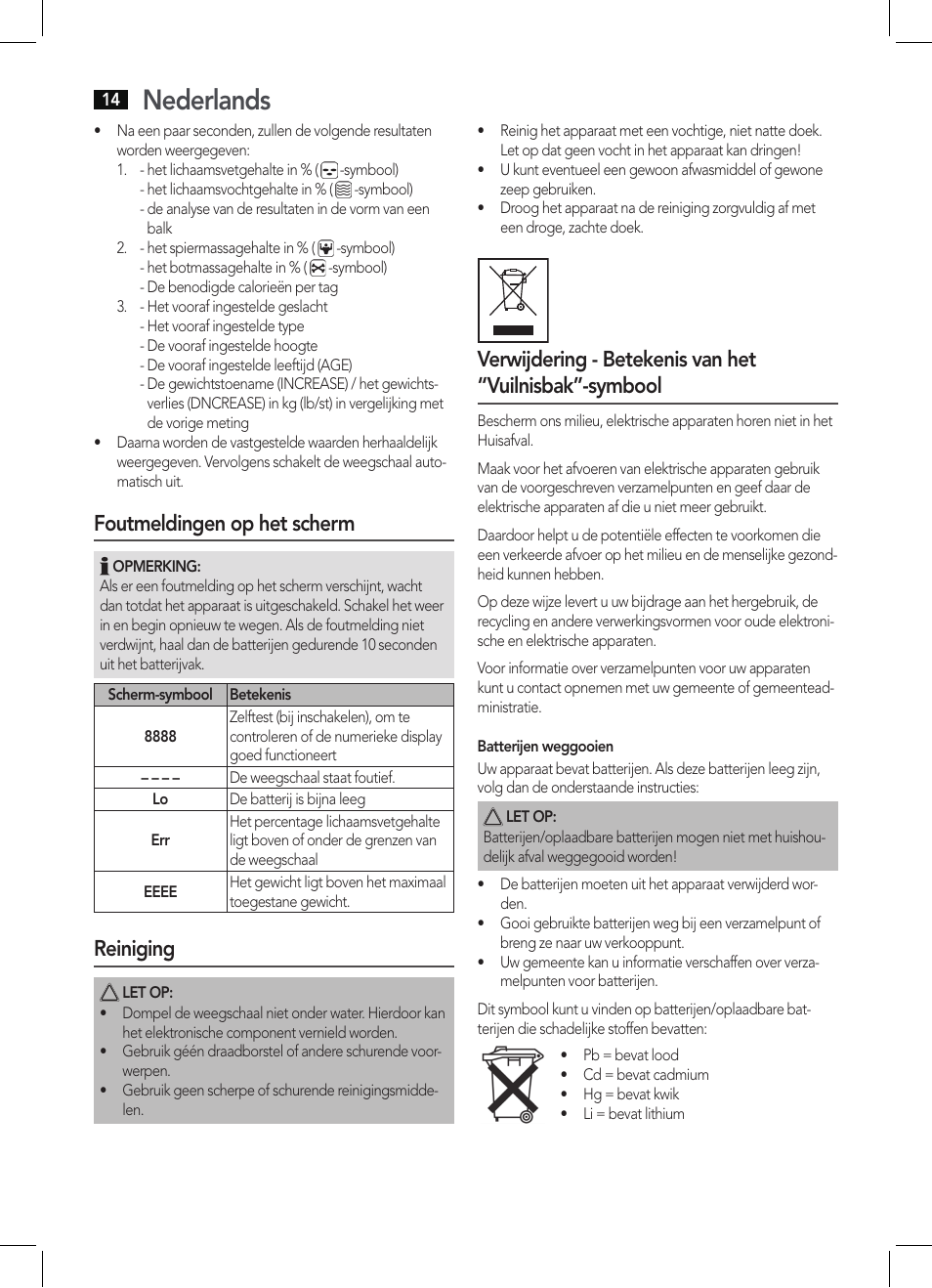 Nederlands, Foutmeldingen op het scherm, Reiniging | AEG PW 5571 FA User  Manual | Page 14 / 62 | Original mode