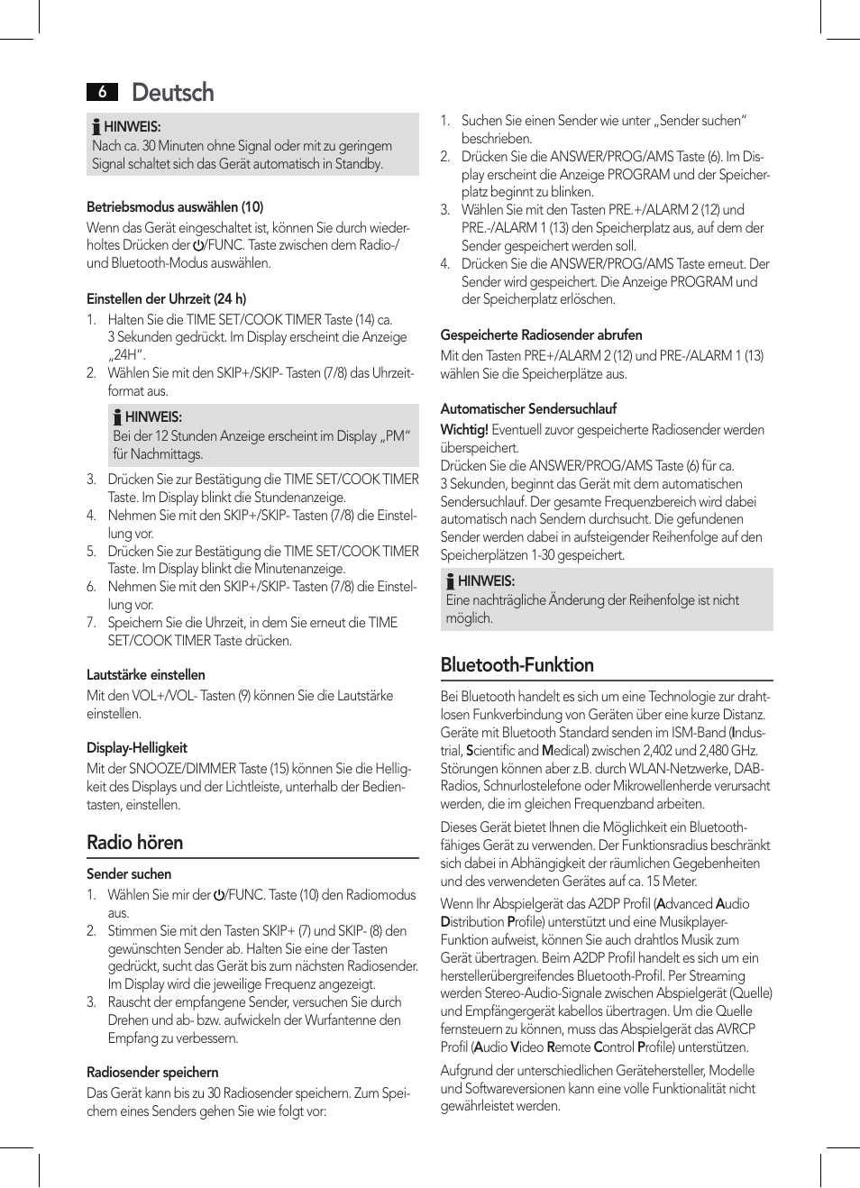 Deutsch, Radio hören, Bluetooth-funktion | AEG KRC 4361 BT User Manual |  Page 6 / 62 | Original mode