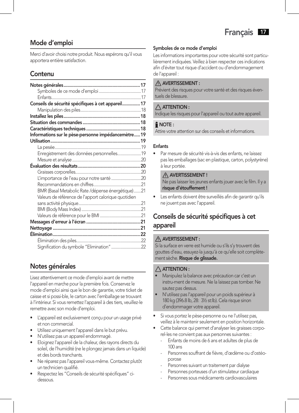 Français, Mode d'emploi, Contenu | AEG PW 5644 FA User Manual | Page 17 /  70 | Original mode