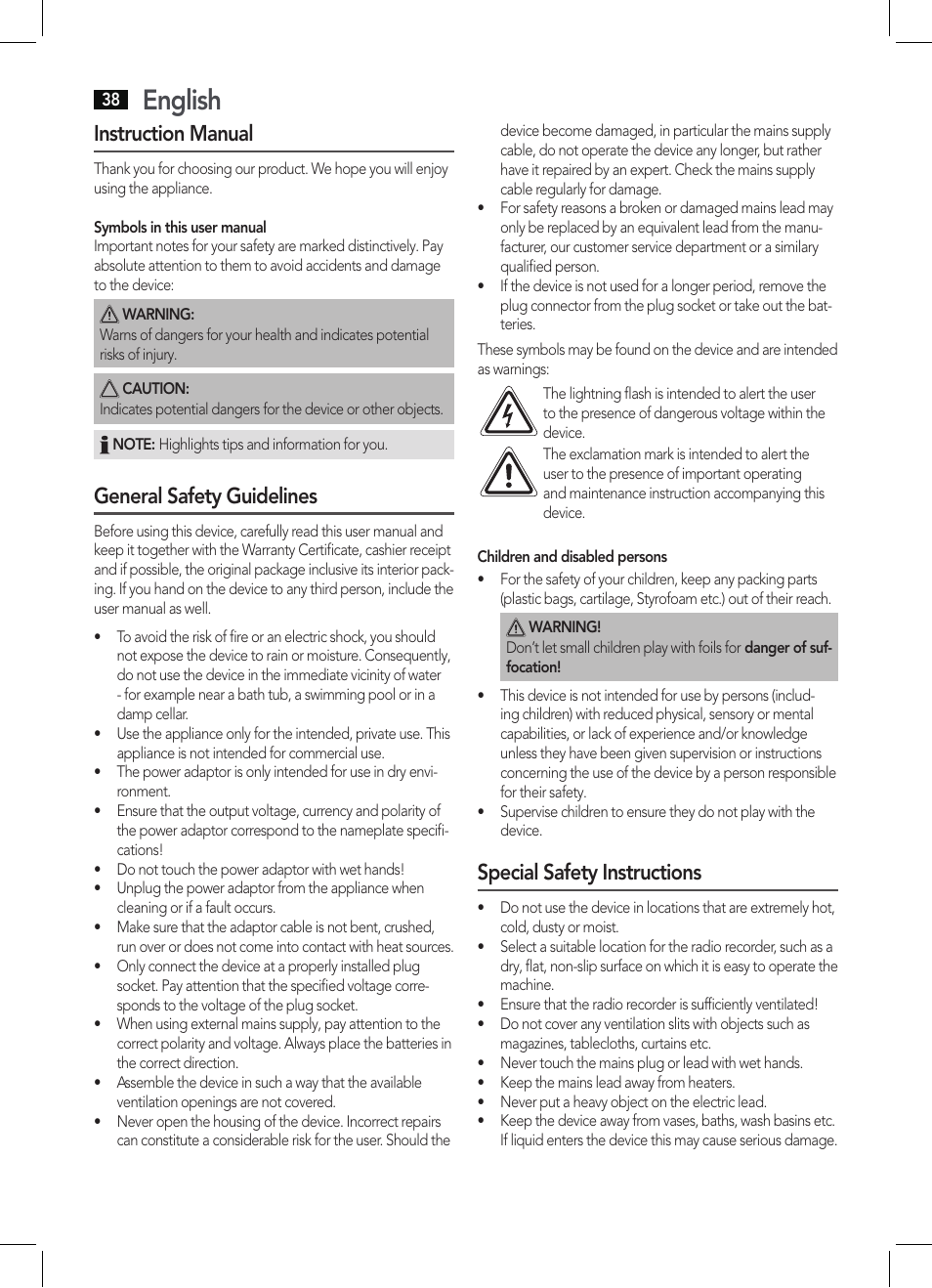 English, Instruction manual, General safety guidelines | AEG DAB 4138  schwarz User Manual | Page 38 / 46 | Original mode