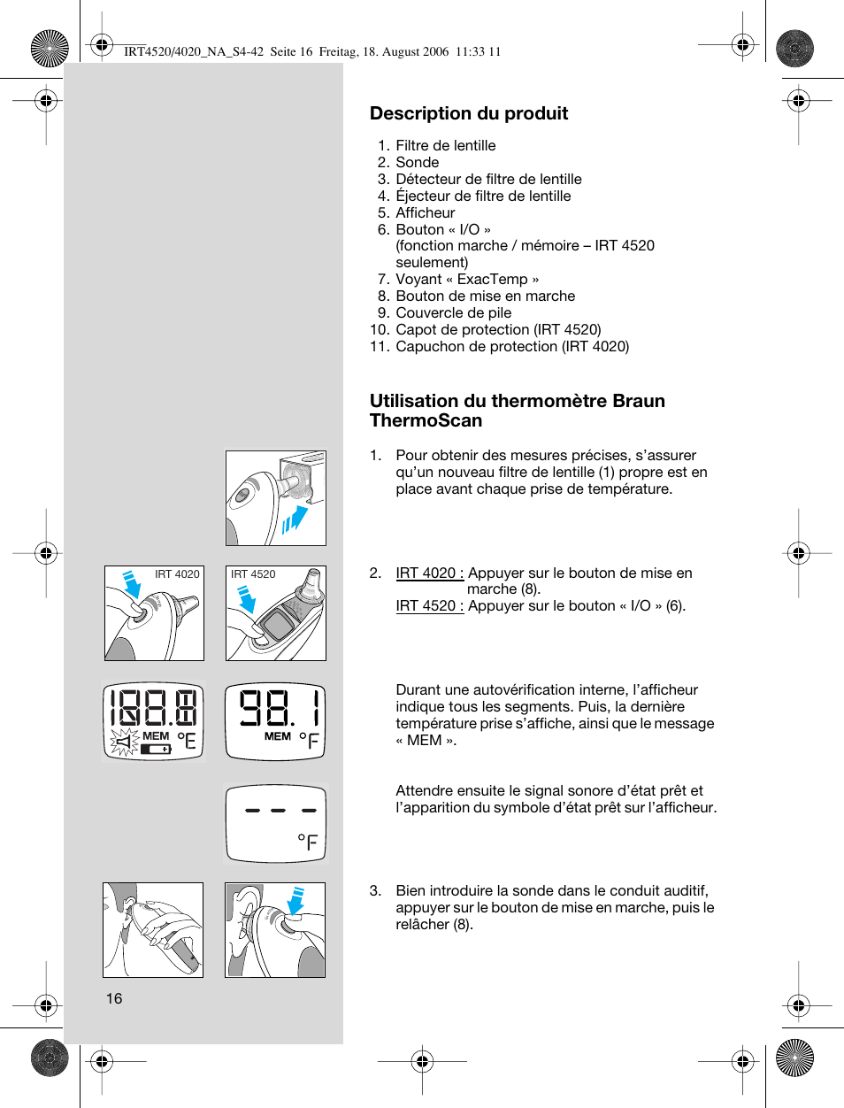 Description du produit, Utilisation du thermomètre braun thermoscan | Braun  ThermoScan IRT 4520 User Manual | Page 16 / 42 | Original mode