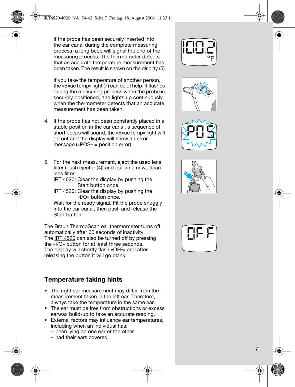 Temperature taking hints | Braun ThermoScan IRT 4520 User Manual | Page 7 /  42 | Original mode