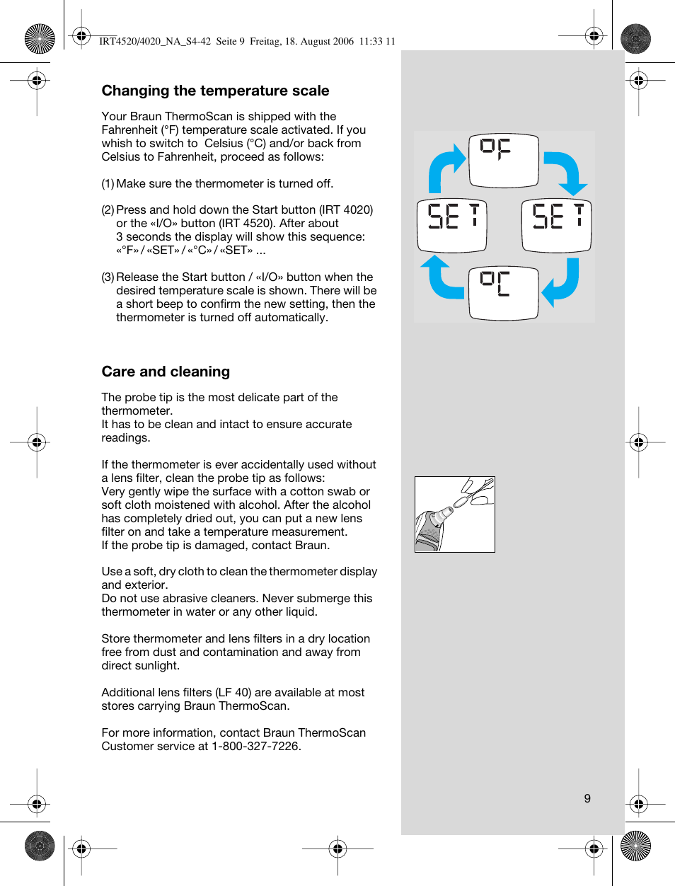 Changing the temperature scale, Care and cleaning | Braun ThermoScan IRT  4520 User Manual | Page 9 / 42