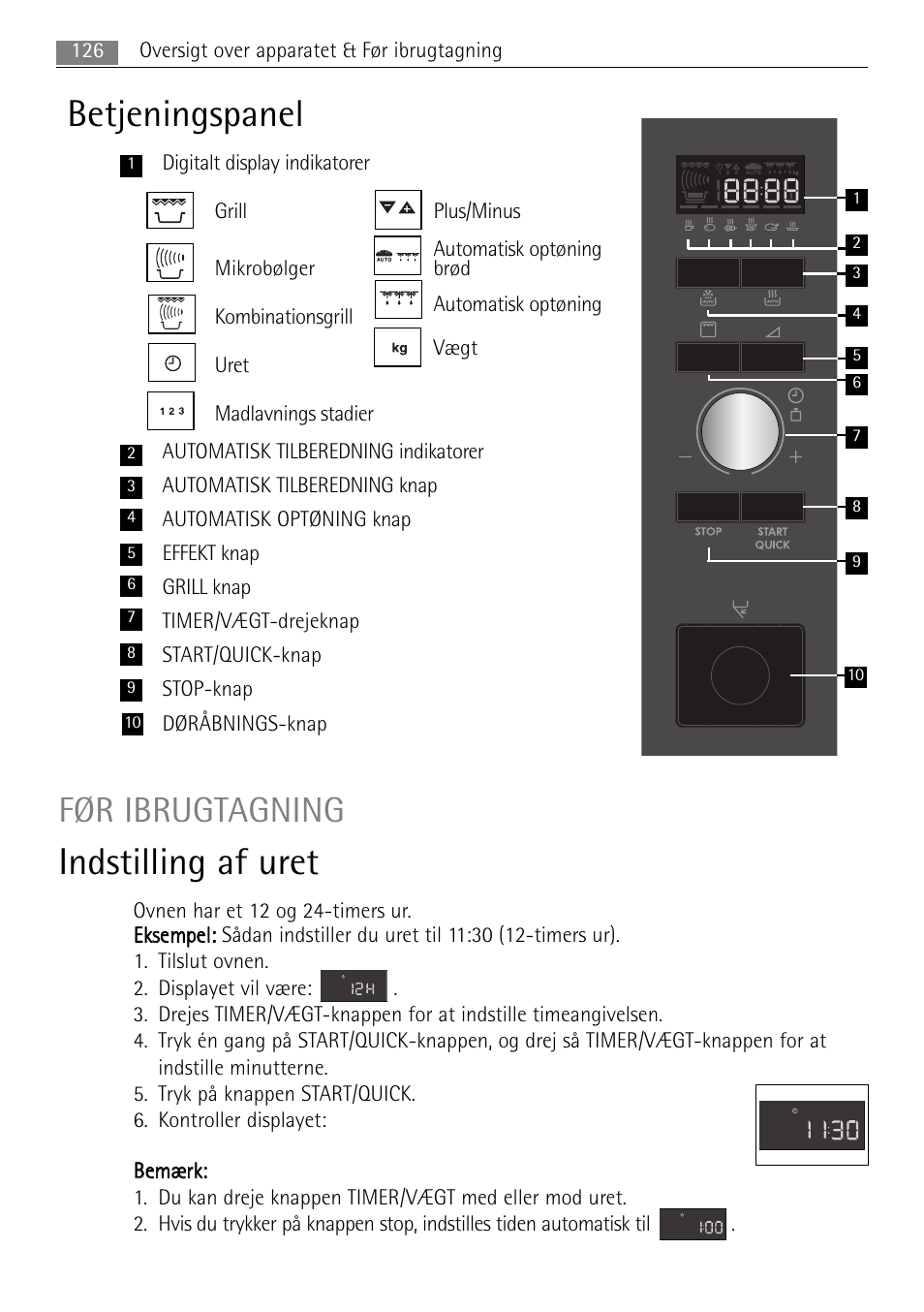 Betjeningspanel, Indstilling af uret, Før ibrugtagning | AEG MC2665E-M User  Manual | Page 126 / 228
