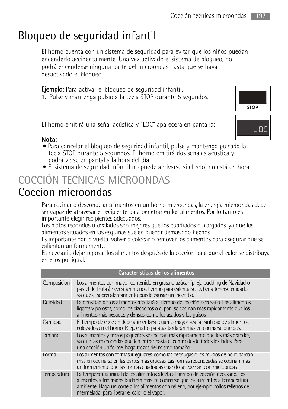 Bloqueo de seguridad infantil, Cocción microondas, Cocción tecnicas  microondas | AEG MC2665E-M User Manual | Page 197 / 228