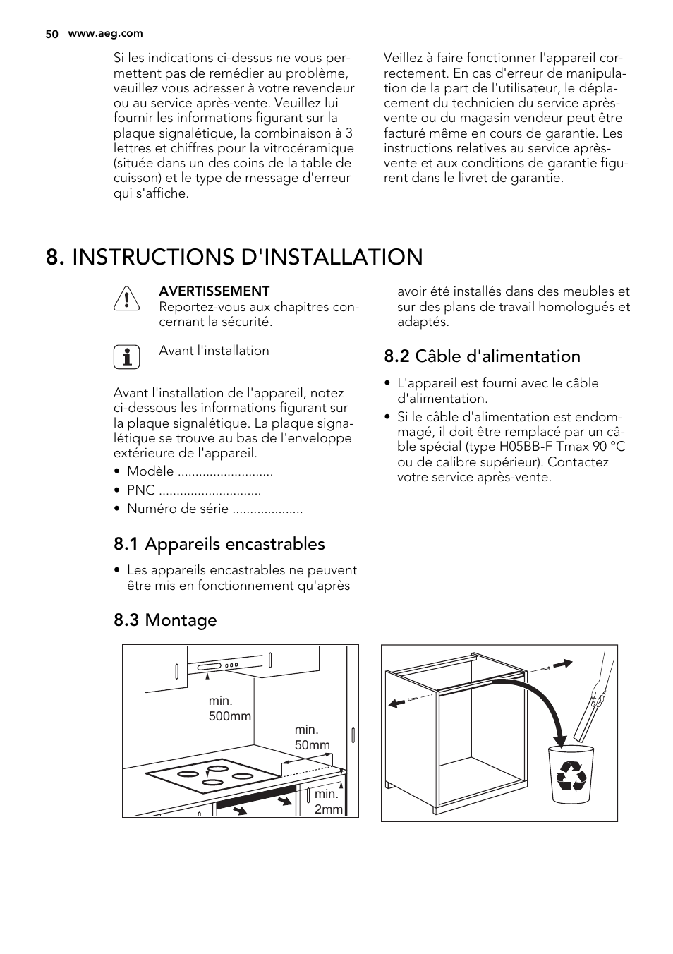 Instructions d'installation, 1 appareils encastrables, 2 câble  d'alimentation | AEG HK653226XB User Manual | Page 50 / 72 | Original mode