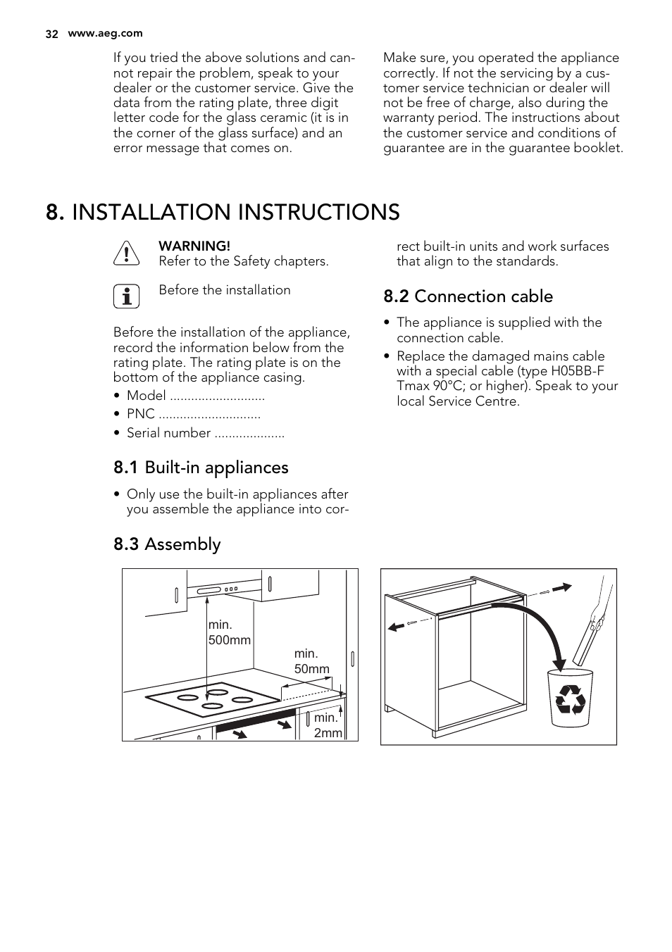 Installation instructions, 1 built-in appliances, 2 connection cable | AEG  HK634200FB User Manual | Page 32 / 72