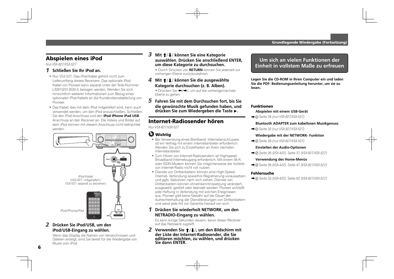 Control on / off, Abspielen eines ipod, Internet-radiosender hören | Pioneer  VSX-827-K User Manual | Page 18 / 44 | Original mode