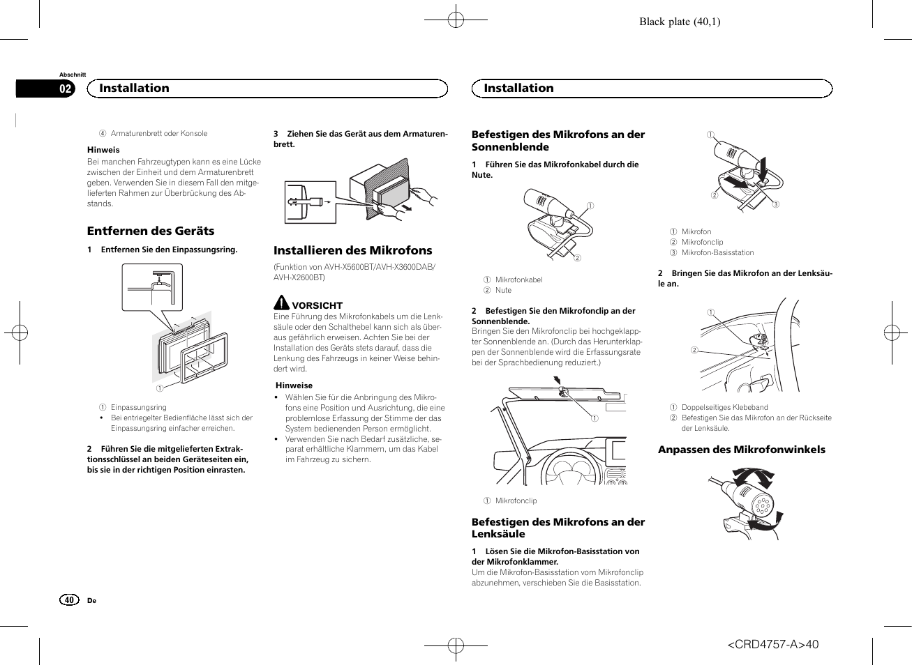 Entfernen des geräts, Installieren des mikrofons, Installation | Pioneer  AVH-X3600DAB User Manual | Page 40 / 52 | Original mode