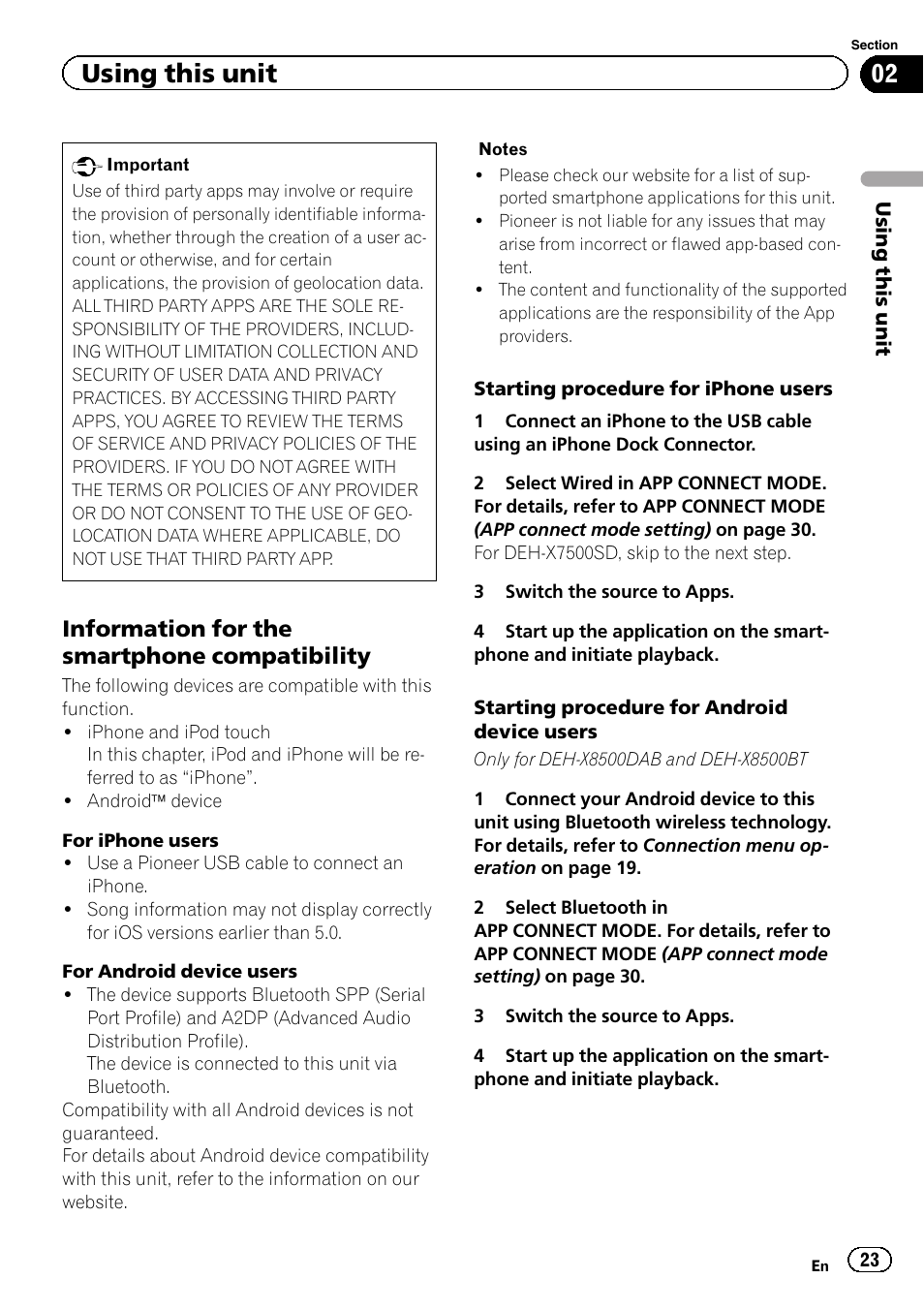 Using this unit, Information for the smartphone compatibility | Pioneer DEH- X8500DAB User Manual | Page 23 / 44 | Original mode