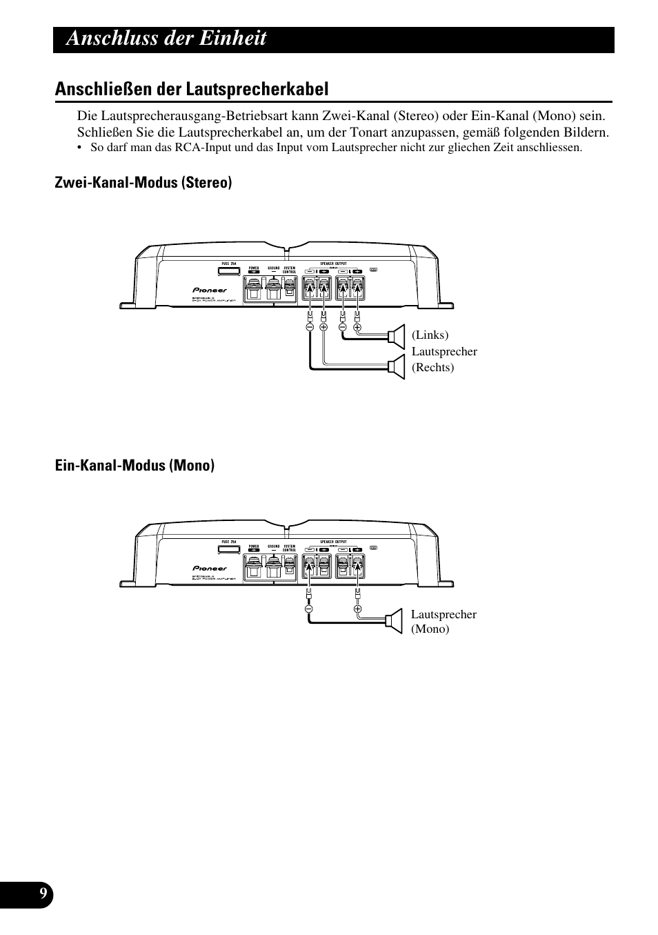 Anschließen der lautsprecherkabel, Anschluss der einheit | Pioneer GM-3300T  User Manual | Page 34 / 85 | Original mode