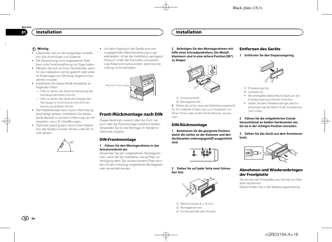 Installationsanleitung, Cd rds-empfänger, Front-/rückmontage nach din |  Pioneer DEH-4600BT User Manual | Page 18 / 32 | Original mode