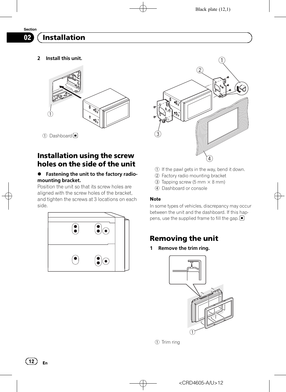 Removing the unit, 02 installation | Pioneer AVH-8400BT User Manual | Page  12 / 88 | Original mode