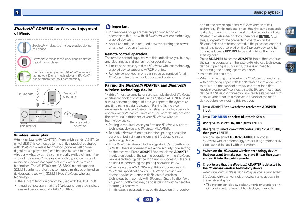 Bluetooth, Adapter for wireless enjoyment of music, Wireless music play | Pioneer  VSX-527-K User Manual | Page 30 / 68