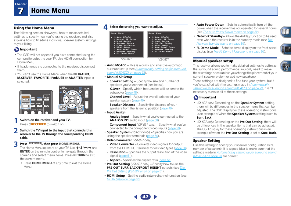Using the home menu, Manual speaker setup, Speaker setting | Pioneer VSX-527-K  User Manual | Page 47 / 68 | Original mode