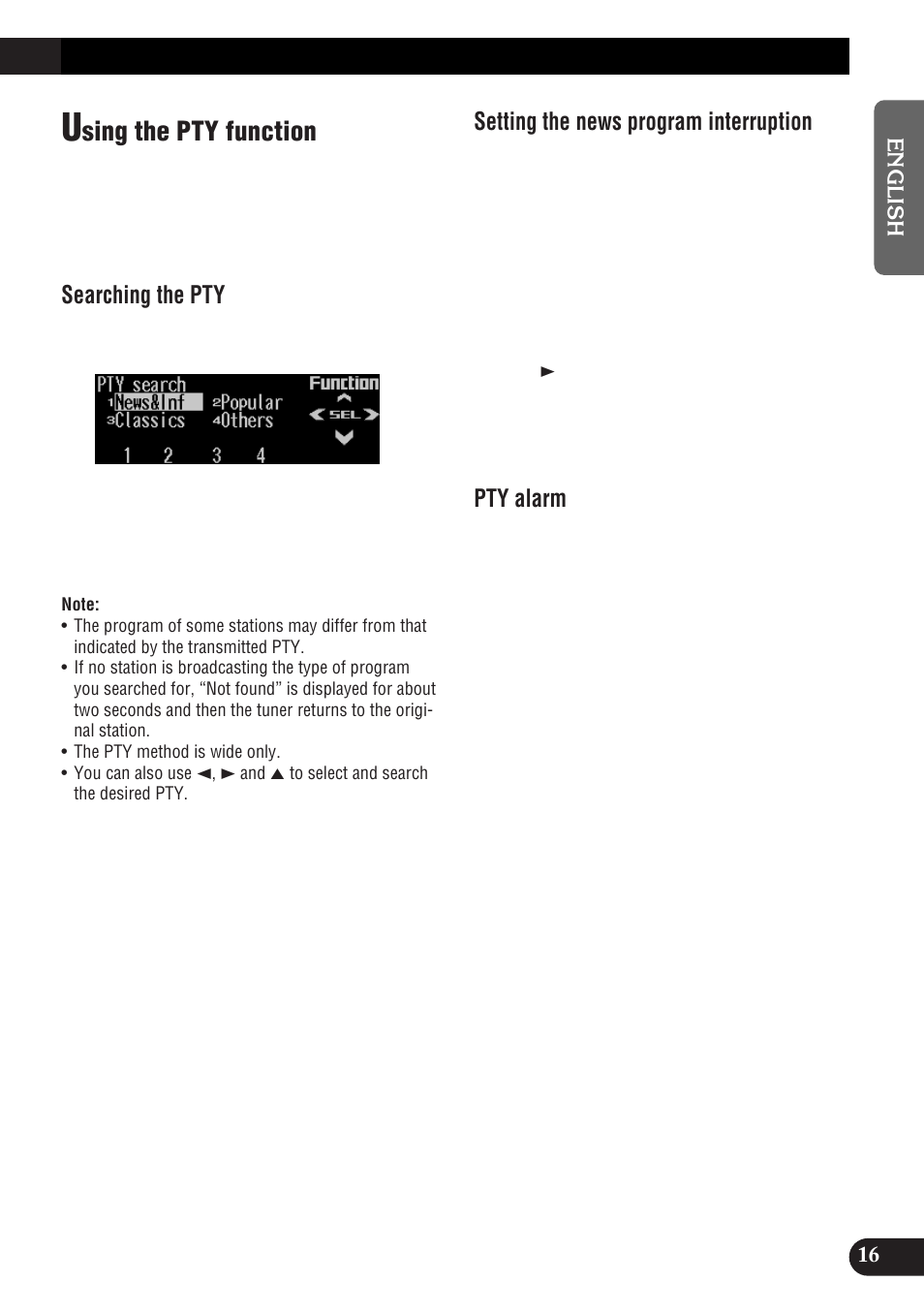 Sing the pty function, Searching the pty, Setting the news program  interruption | Pioneer DEH-P9300R User Manual | Page 17 / 112