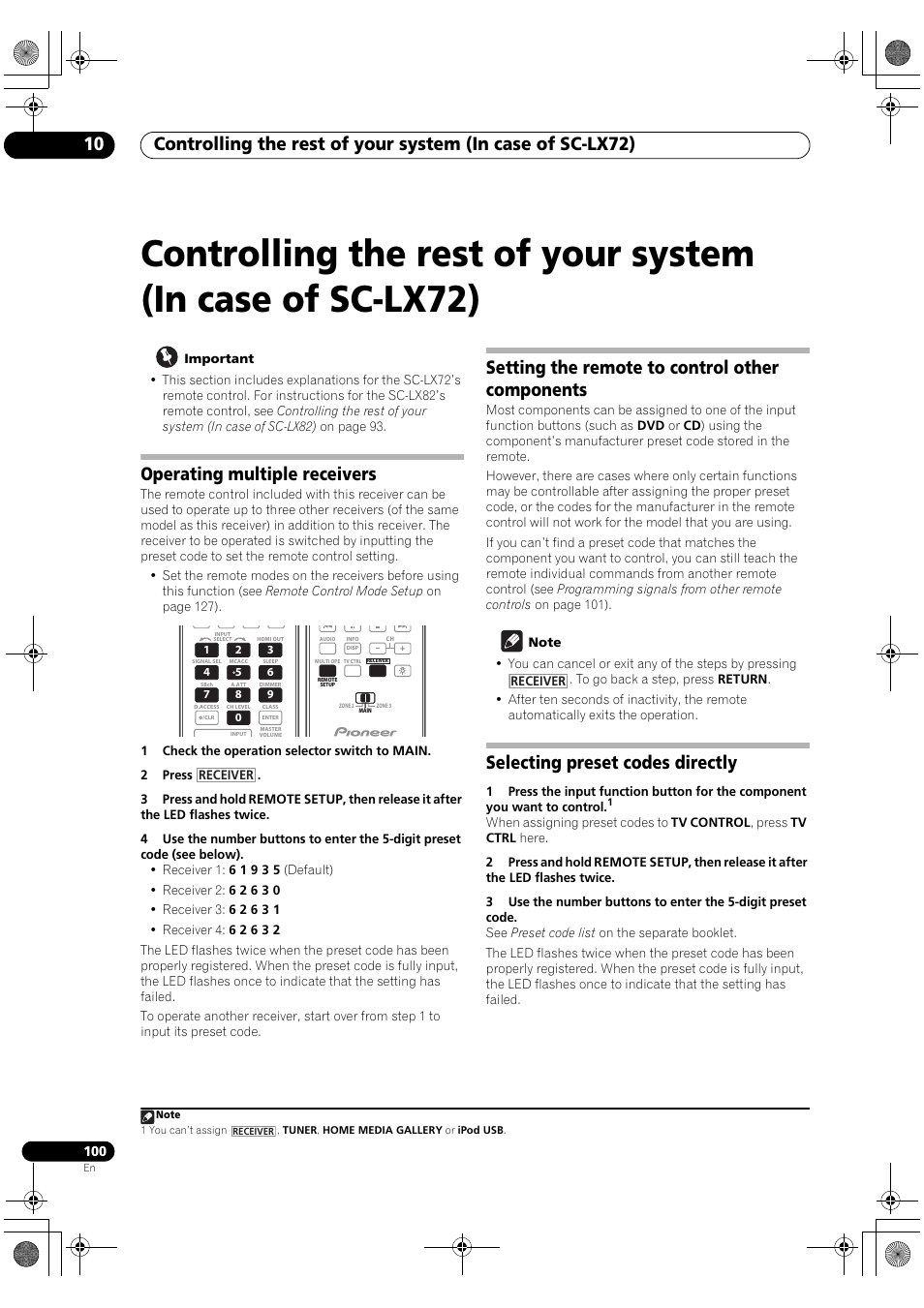 Operating multiple receivers, Setting the remote to control other  components, Selecting preset codes directly | Pioneer SC-LX82 User Manual |  Page 100 / 148 | Original mode