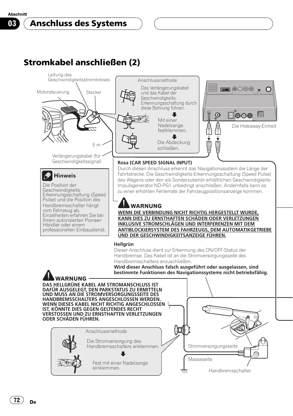 Stromkabel anschließen (2), Anschluss des systems | Pioneer AVIC-X3 User  Manual | Page 72 / 182 | Original mode