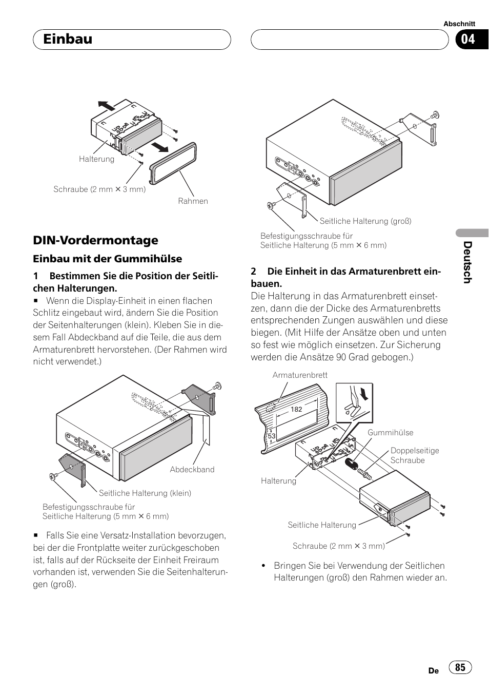 Din-vordermontage 85, Einbau, Din-vordermontage | Pioneer AVIC-X3 User  Manual | Page 85 / 182 | Original mode