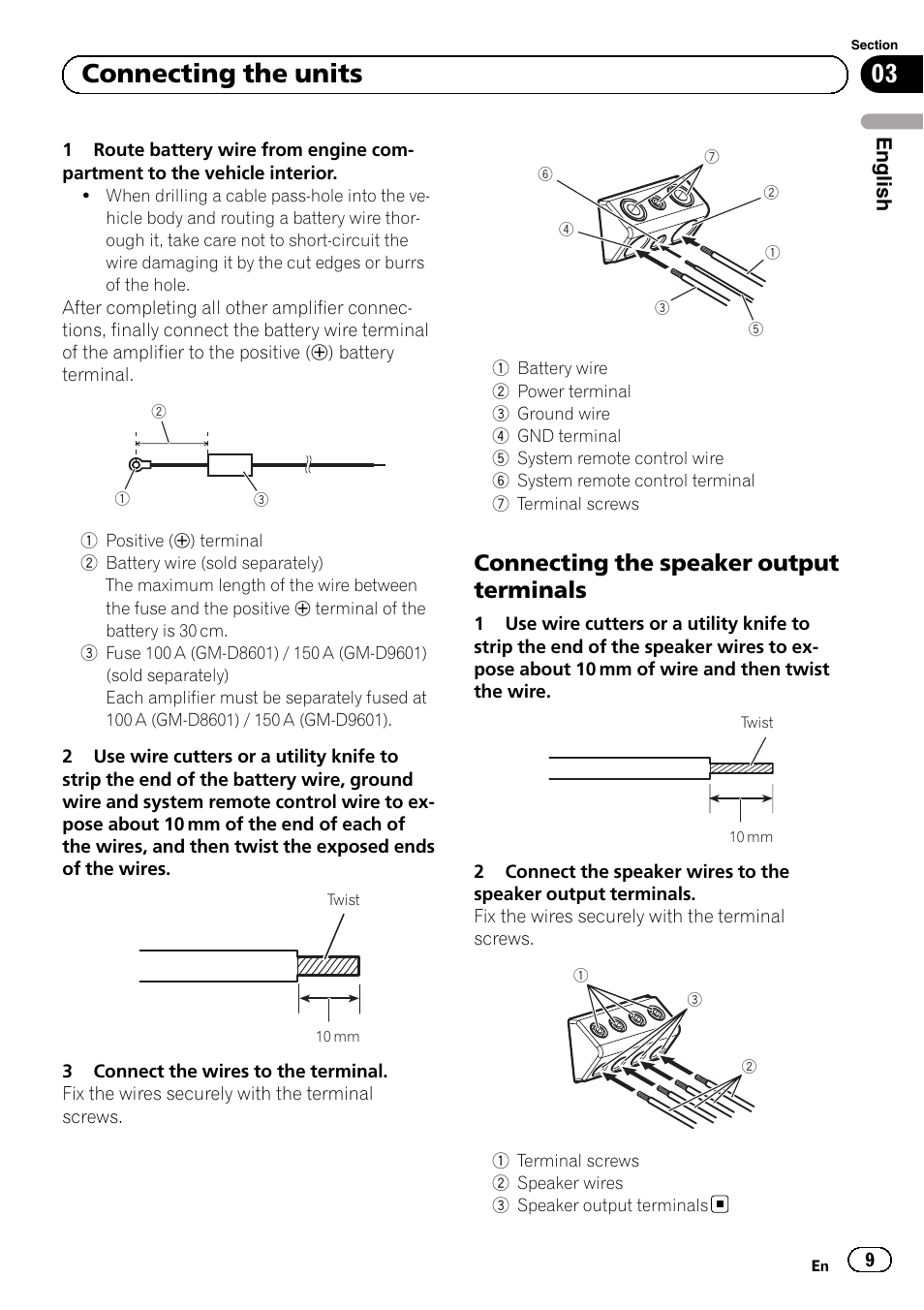 03 connecting the units, Connecting the speaker output terminals | Pioneer  GM-D8601 User Manual | Page 9 / 92 | Original mode