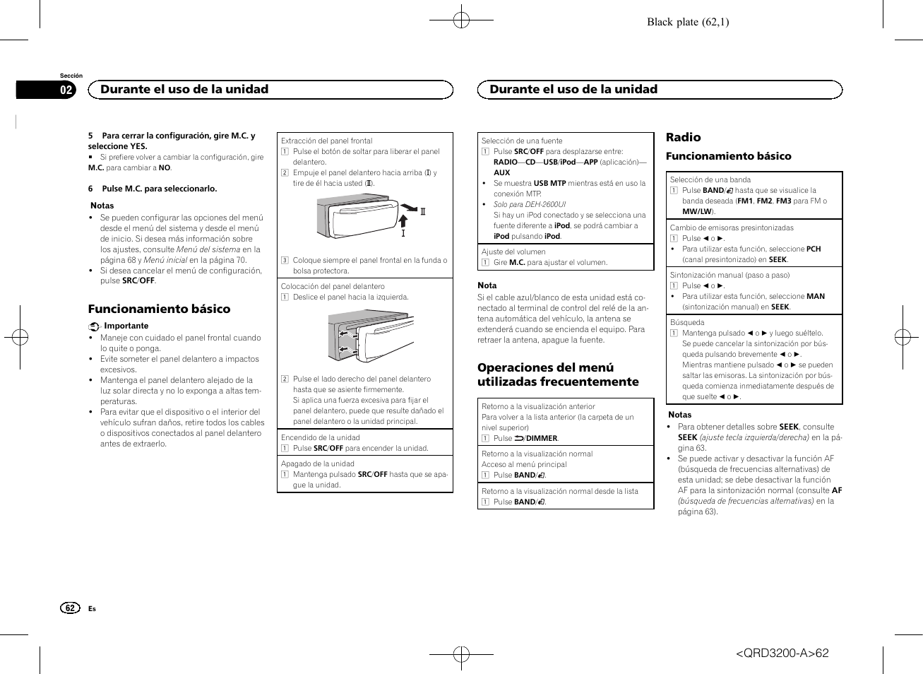 Funcionamiento básico, Operaciones del menú utilizadas frecuentemente, Radio  | Pioneer DEH-2600UI User Manual | Page 62 / 148 | Original mode
