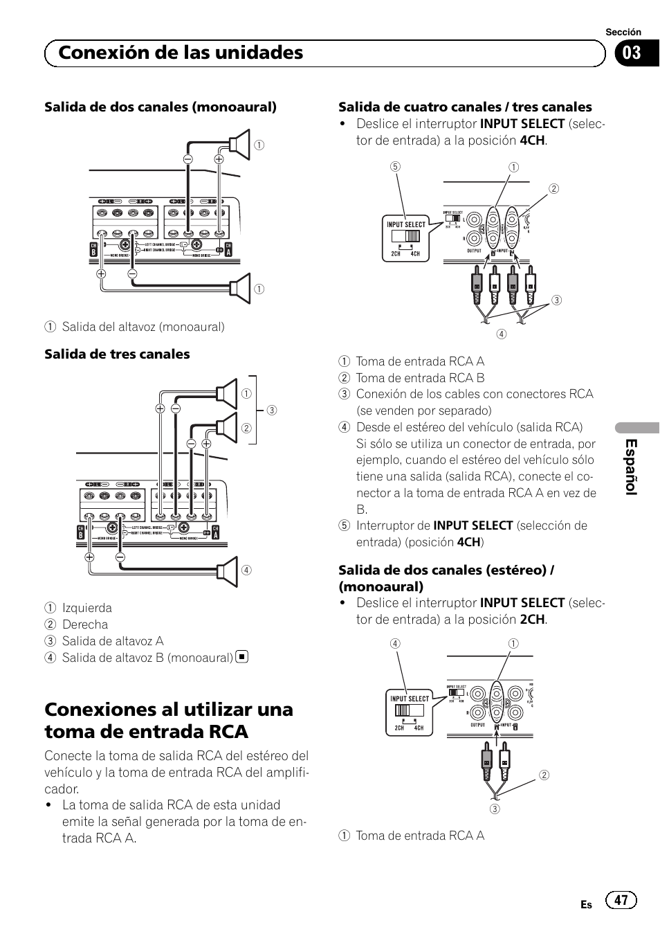 Conexiones al utilizar una toma de entrada rca, 03 conexión de las unidades  | Pioneer GM-D8604 User Manual | Page 47 / 96 | Original mode
