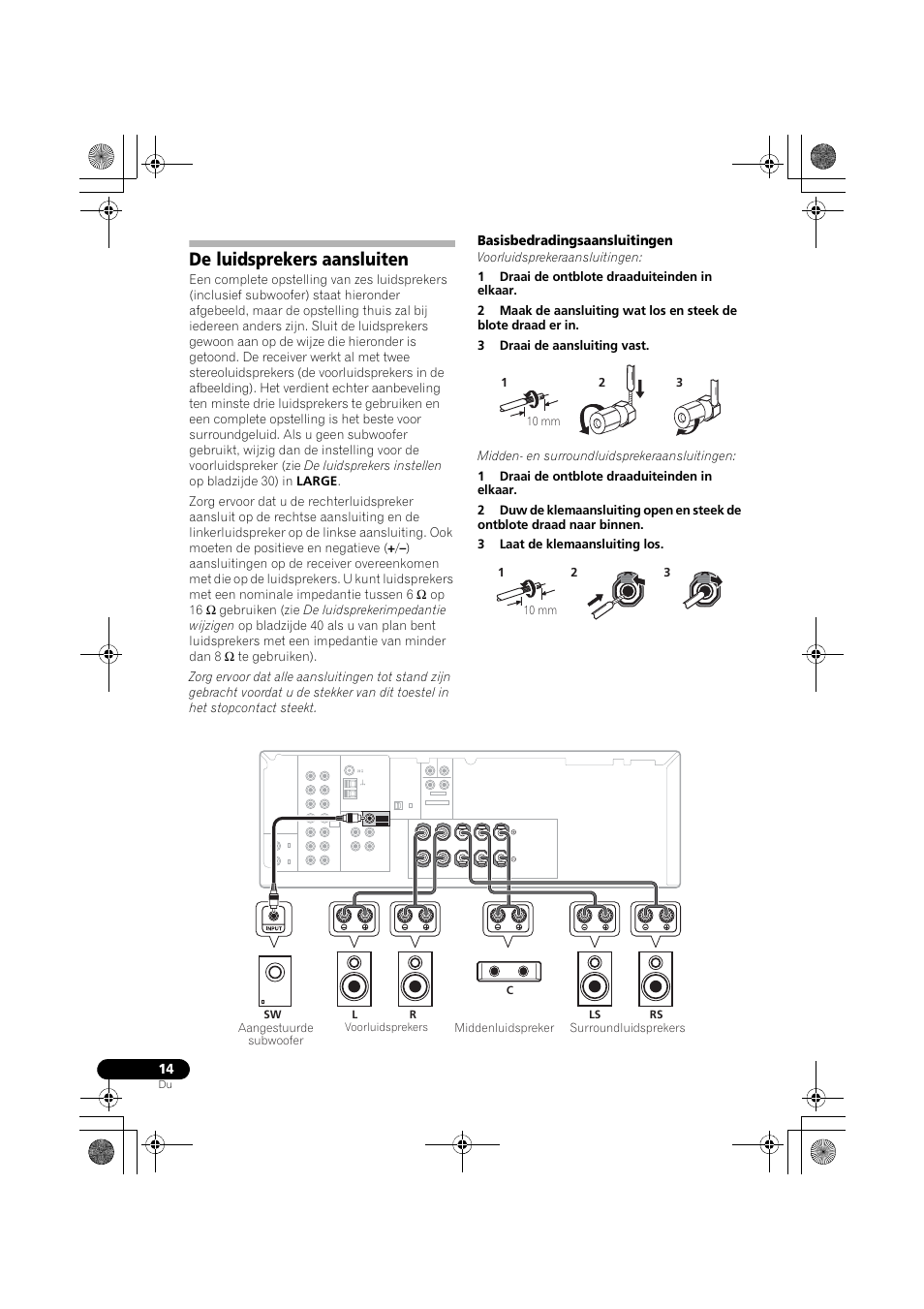 De luidsprekers aansluiten, Basisbedradingsaansluitingen | Pioneer VSX-418 K  User Manual | Page 14 / 82 | Original mode