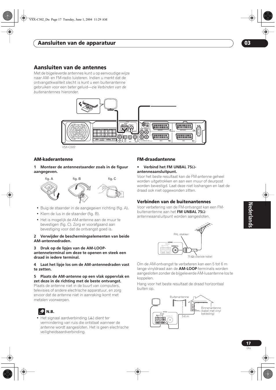 Aansluiten van de antennes, Am-kaderantenne, Fm-draadantenne | Pioneer  VSX-C502-S User Manual | Page 17 / 104