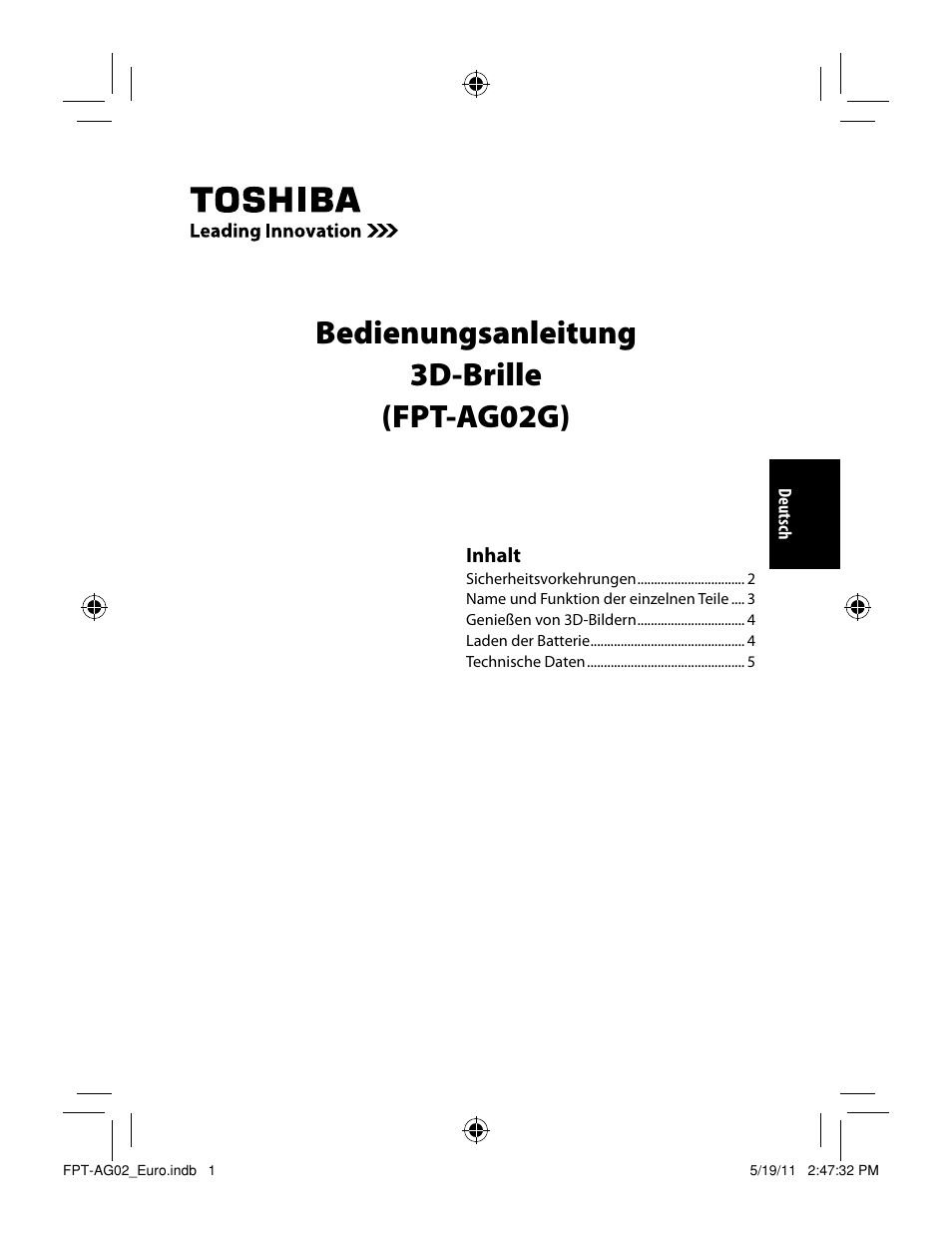 Bedienungsanleitung 3d-brille (fpt-ag02g) | Toshiba FPTAG02G User Manual |  Page 15 / 108