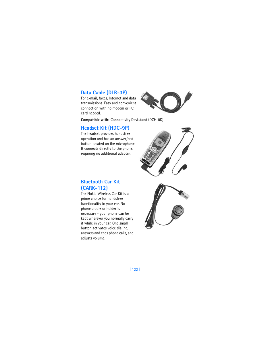 Data cable (dlr-3p), Headset kit (hdc-9p), Bluetooth car kit (cark-112) | Nokia  6310i User Manual | Page 131 / 161