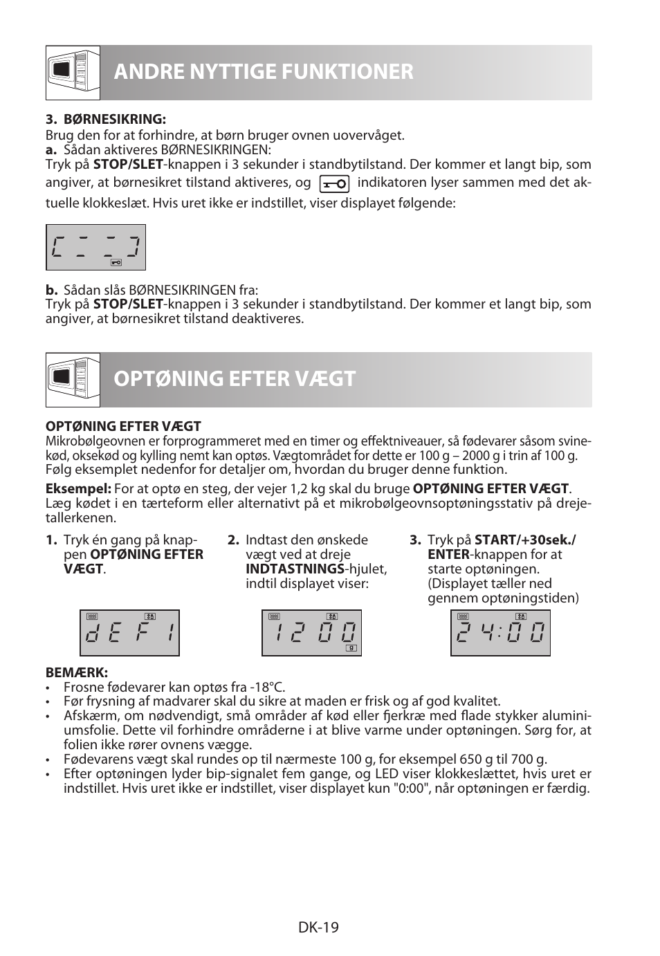 Andre nyttige funktioner, Optøning efter vægt | Sharp R-322STWE Four à  micro-ondes solo User Manual | Page 166 / 246